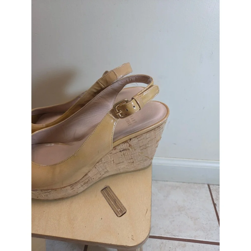 Stuart Weitzman Tan Patent Leather Cork Wedge Peep Toe Slingback Sandals 8.5 M
